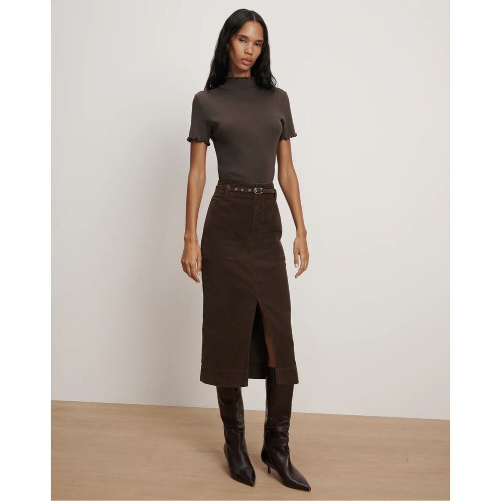 Veronica Beard Pavana Corduroy Midi Skirt Brown Belted Pencil Skirt
